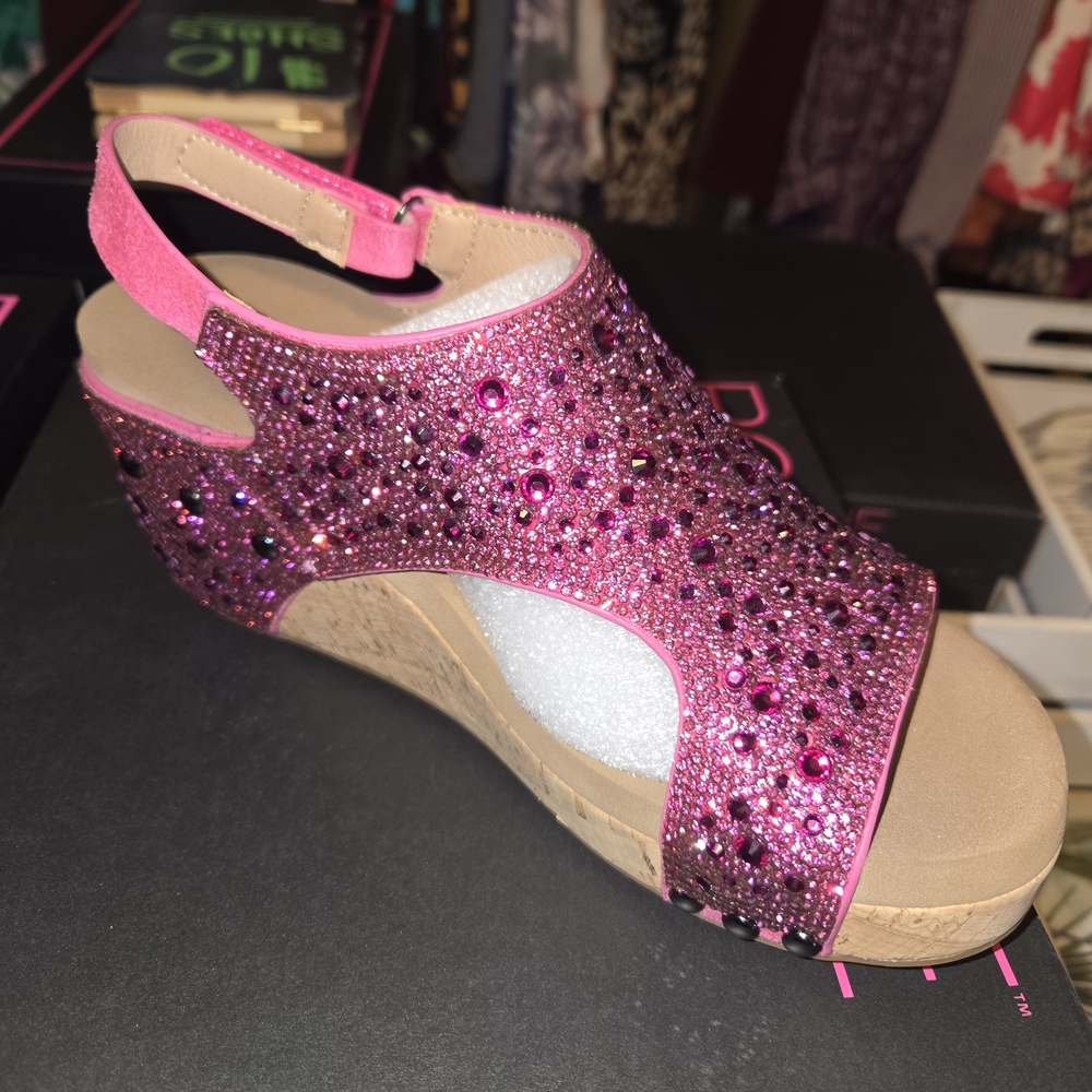 Corkys- The Ashley Fuchsia Rhinestone Wedge Sandals